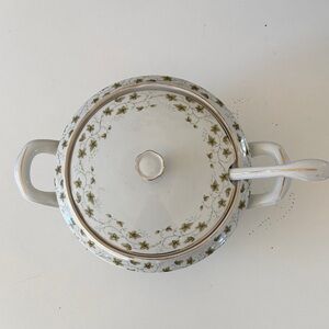 Vintage White Porcelain Covered Serving Dish with Green Vine Motif